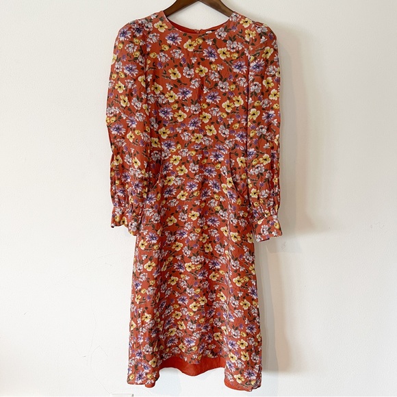 Yumi Kim So Amazing Rust Silk Floral Love Me Tender Dress Long Sleeves Pockets - Picture 4 of 14